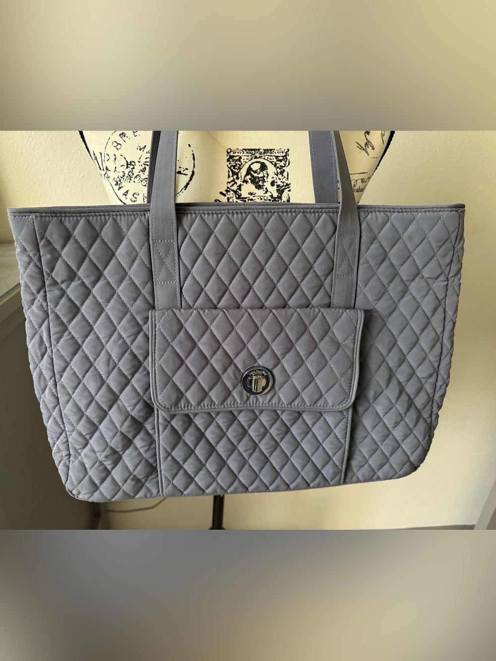 Vera Bradley Grey Quilted Gray Tote work Bag microfiber Turn-Lock Closure